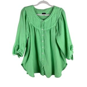 Talbots Plus Women's 1X Green Airy Gauzy Button Up Tie Sleeve Top Cottagecore